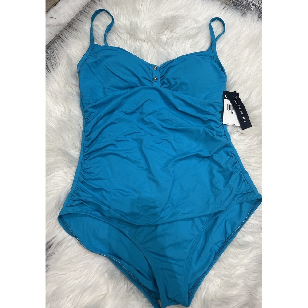 Chaps Women Blue Ruched Slimming One Piece Swimsuit Sz 16 NWT Ralph Lauren